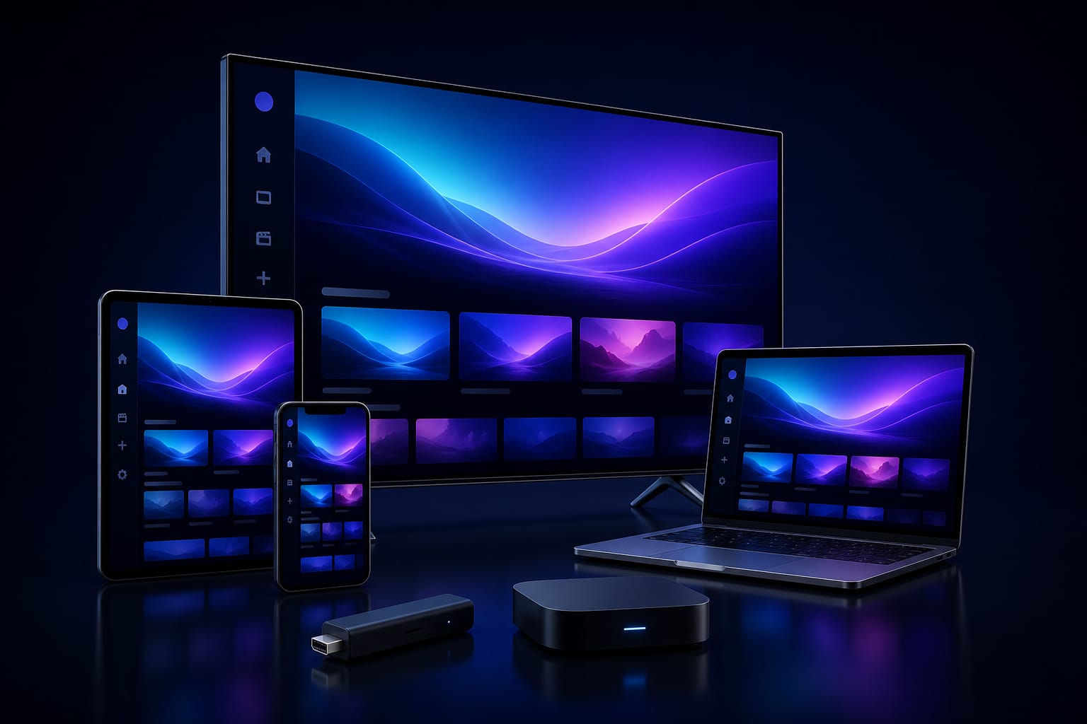 A smart TV, tablet, phone, laptop, streaming stick and set-top box all running DrexTV IPTV