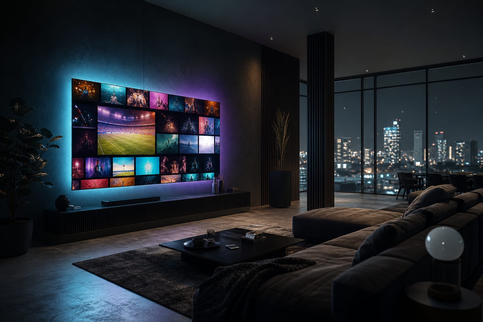 A wall-mounted 4K television displaying a grid of live channels and on-demand titles from the DrexTV IPTV service, in a dark modern living room