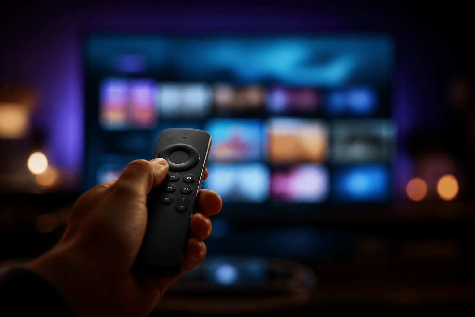 A hand holding a streaming remote pointed at a television, showing how quickly a DrexTV IPTV subscription is set up